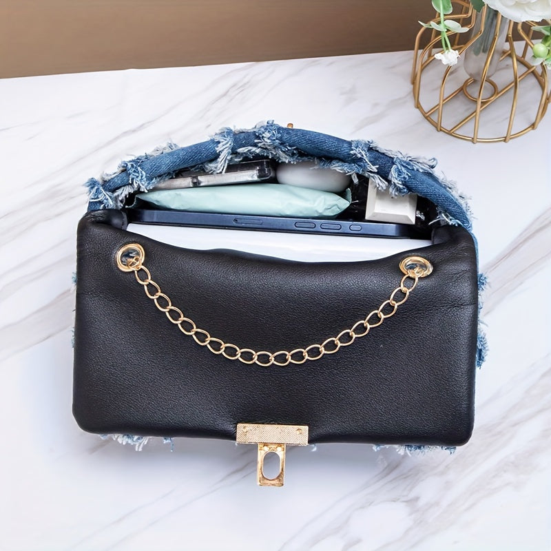Chic Denim Crossbody Bag for Women - Casual Flap Design with Secure Lock Closure