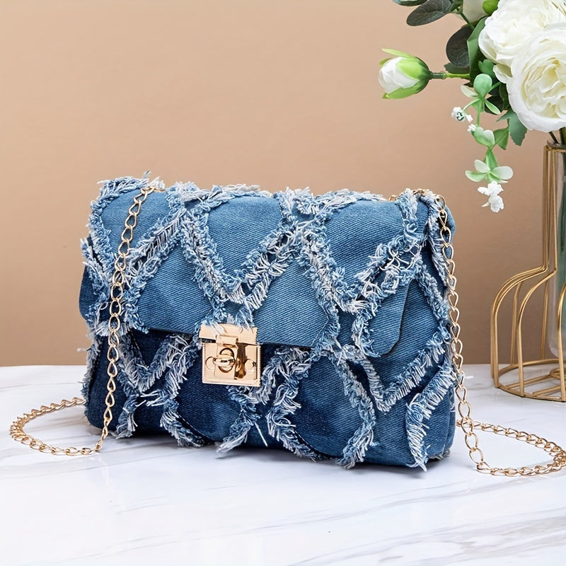 Chic Denim Crossbody Bag for Women - Casual Flap Design with Secure Lock Closure