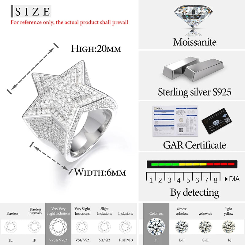 Fine Jewelry VVS1 With Certificate Moissanite Star Rings For Men 925 Sterling Silver Moissanite Rings Hip Hop Jewelry - Culture 59