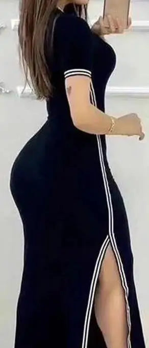 Dresses Women Summer 2024 Elegant Slimming Sexy Rose Printed Side Striped Split High Waist Short Sleeve Casual Midi Long Dresses - Culture 59