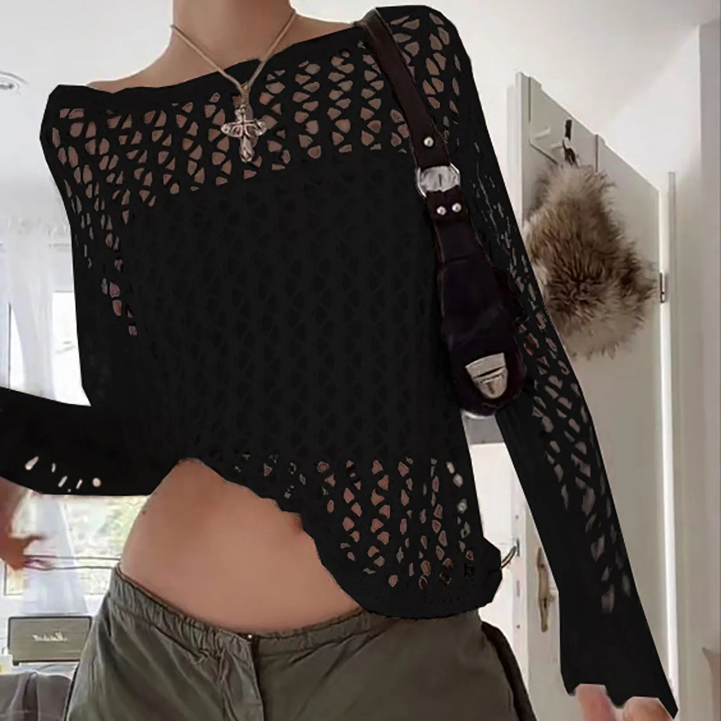Casual White Sweater Pullovers Hollow Out Fishnet Summer Fashion Loose Smock Sweater Women Harajuku Long Sleeve y2k Holes Shirt - Culture 59