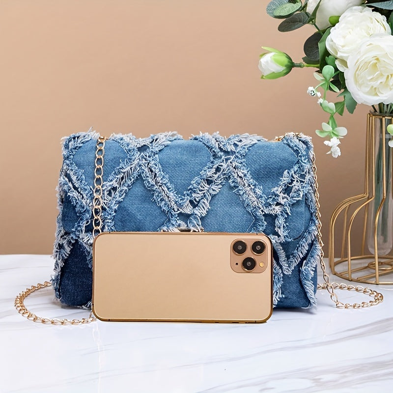 Chic Denim Crossbody Bag for Women - Casual Flap Design with Secure Lock Closure
