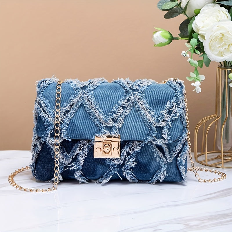 Chic Denim Crossbody Bag for Women - Casual Flap Design with Secure Lock Closure