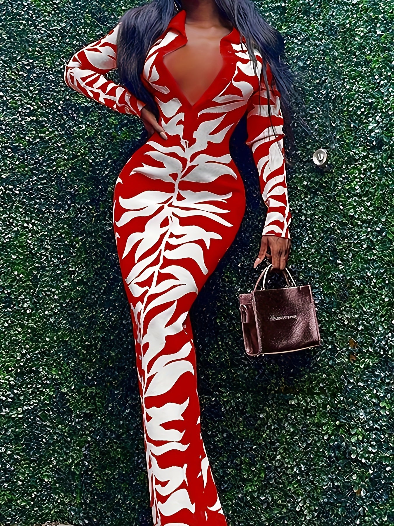 Charming Plant Print Dress - Fashionable Half Button Lapel, Flattering Slim Fit, Maxi Length - Trendy Womens Long Sleeve Clothing for a Sleek Look