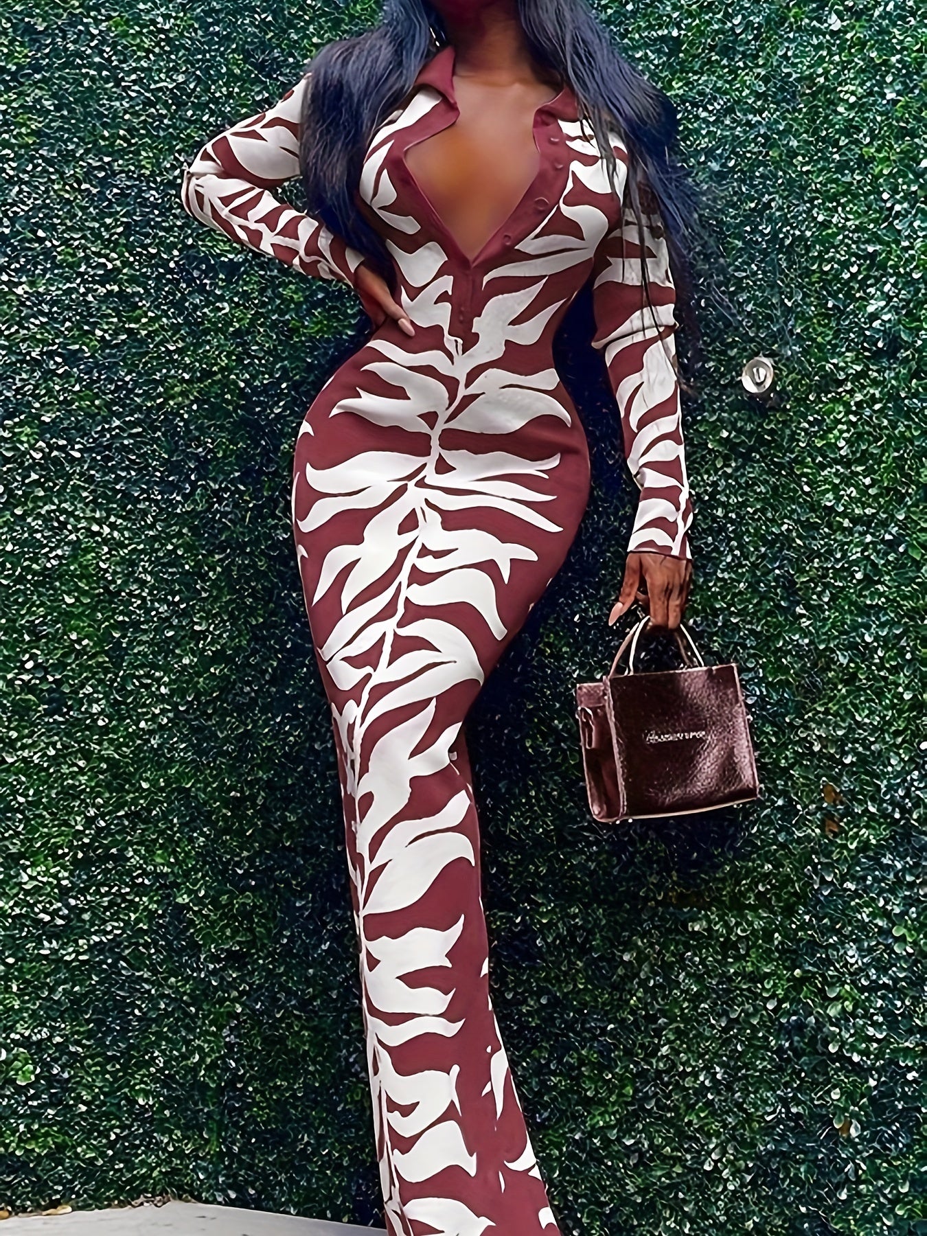 Charming Plant Print Dress - Fashionable Half Button Lapel, Flattering Slim Fit, Maxi Length - Trendy Womens Long Sleeve Clothing for a Sleek Look