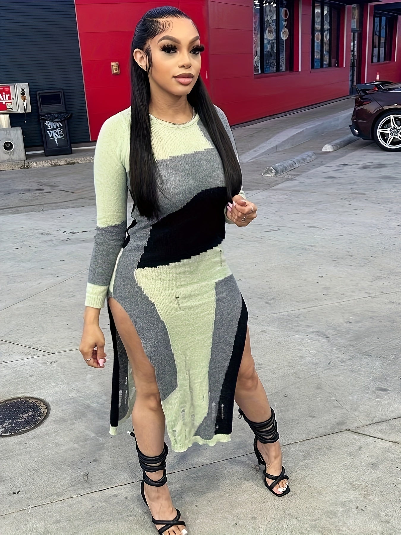 Colorblock Split Side Bodycon Dress, Sexy Long Sleeve Crew Neck Dress