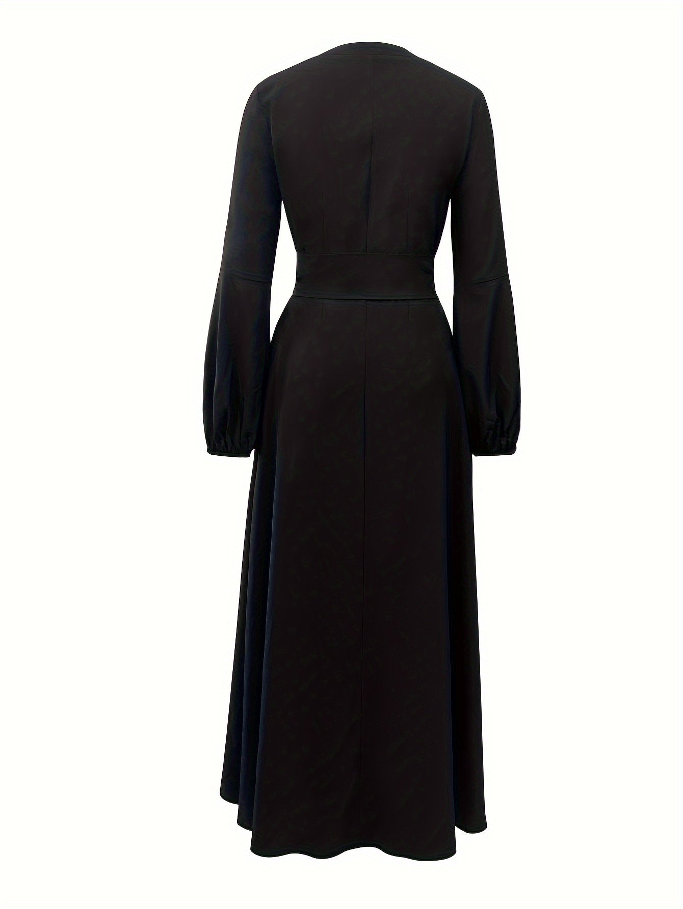 Button Front Tied Waist Dress, Elegant Lantern Sleeve A-line Maxi Length Dress For Spring & Fall, Women's Clothing