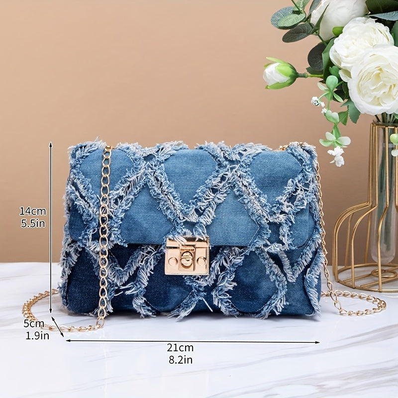 Chic Denim Crossbody Bag for Women - Casual Flap Design with Secure Lock Closure