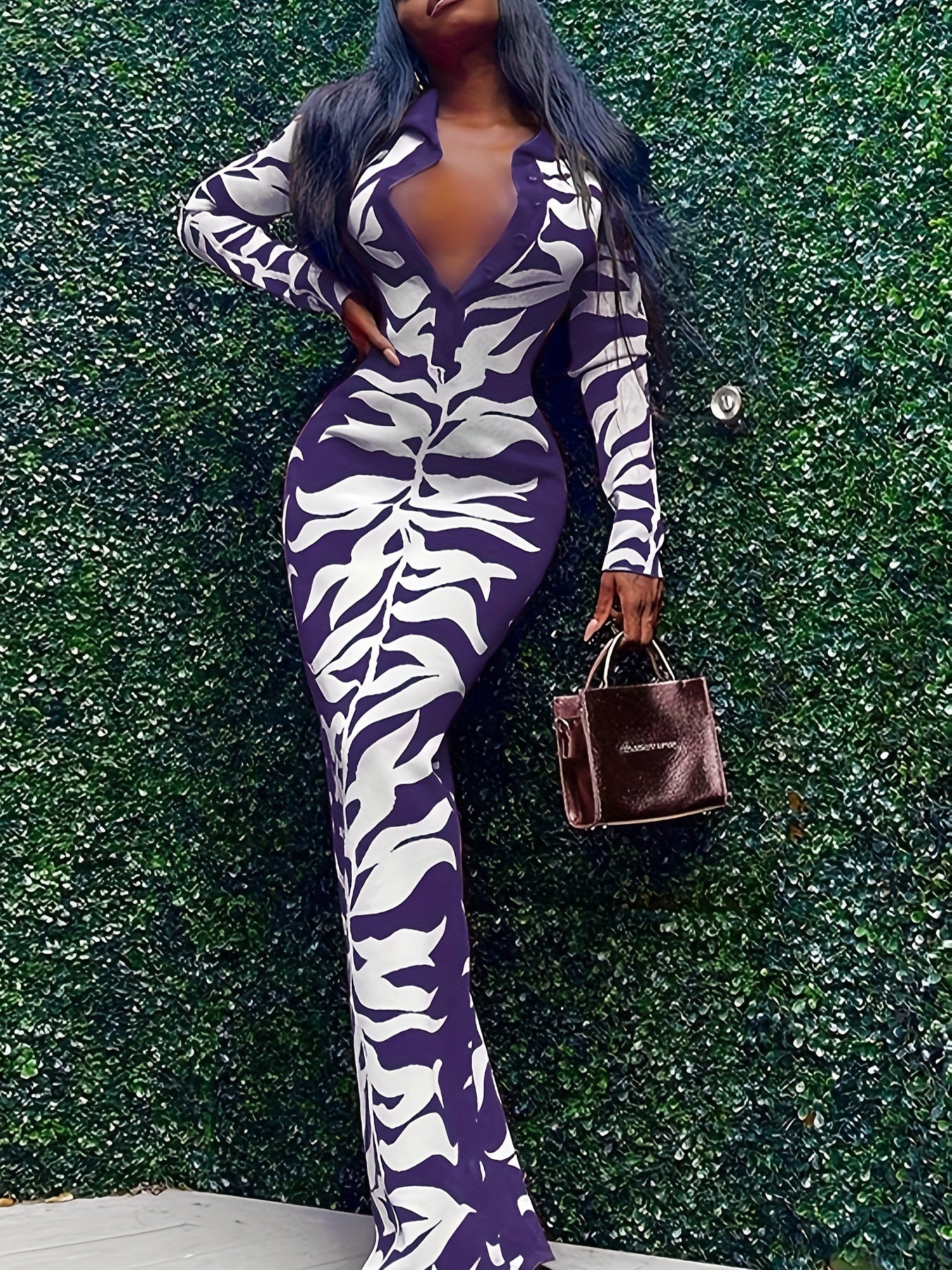 Charming Plant Print Dress - Fashionable Half Button Lapel, Flattering Slim Fit, Maxi Length - Trendy Womens Long Sleeve Clothing for a Sleek Look