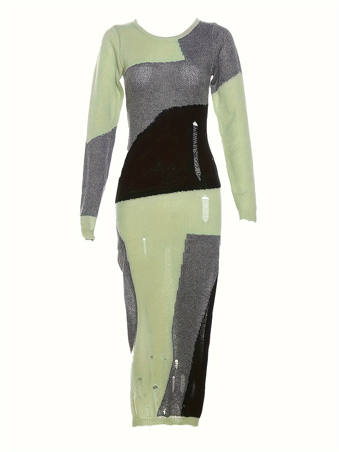 Colorblock Split Side Bodycon Dress, Sexy Long Sleeve Crew Neck Dress