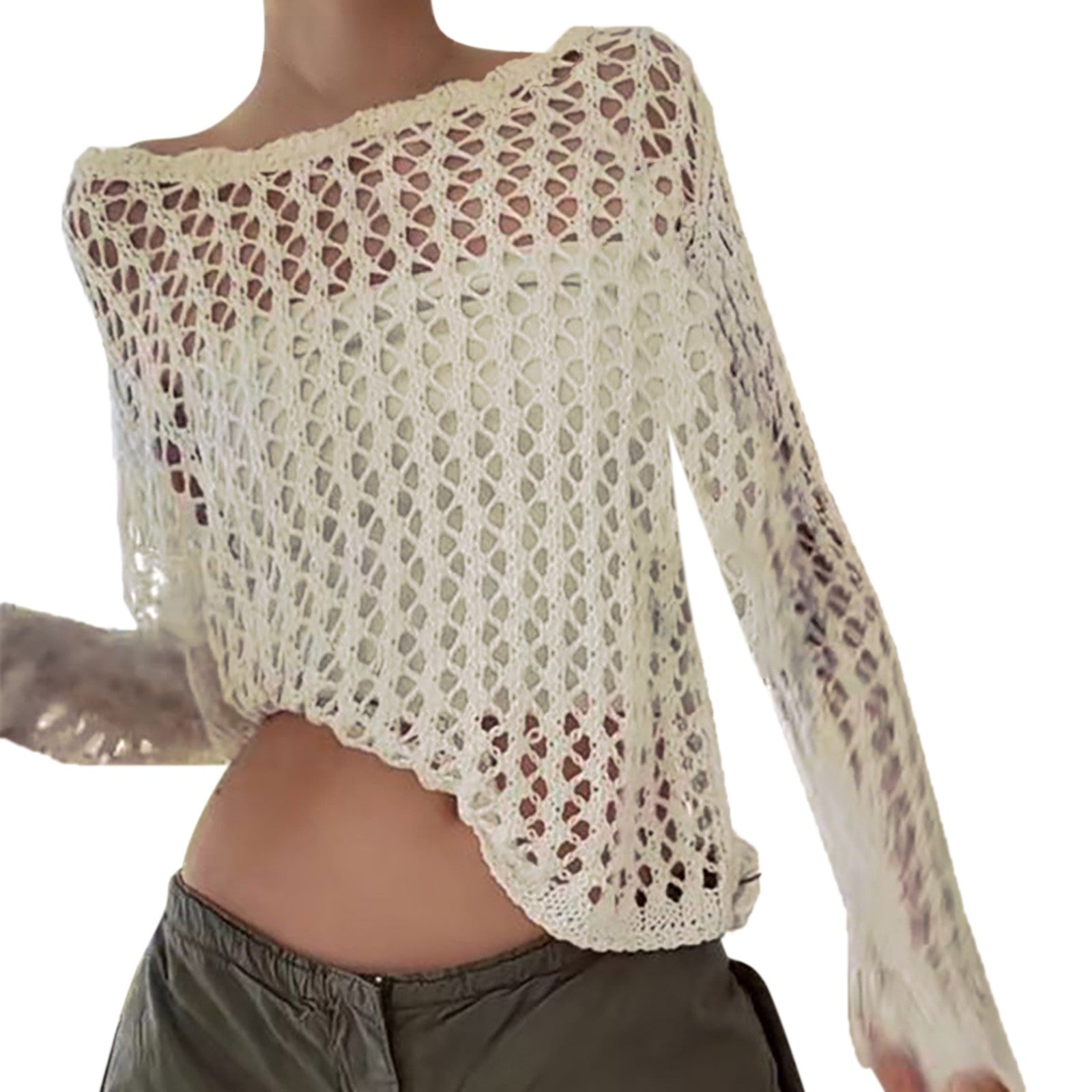 Casual White Sweater Pullovers Hollow Out Fishnet Summer Fashion Loose Smock Sweater Women Harajuku Long Sleeve y2k Holes Shirt - Culture 59
