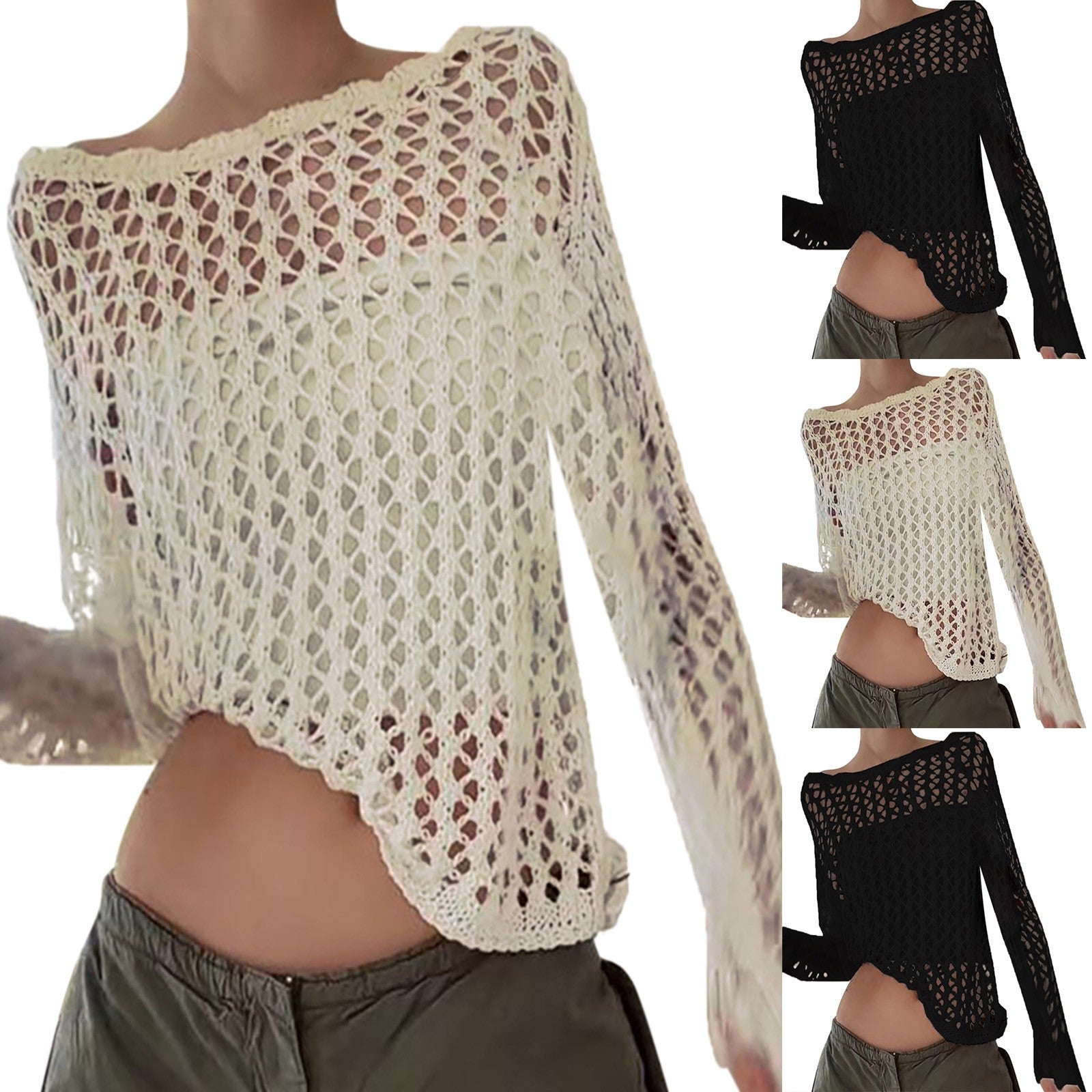 Casual White Sweater Pullovers Hollow Out Fishnet Summer Fashion Loose Smock Sweater Women Harajuku Long Sleeve y2k Holes Shirt - Culture 59
