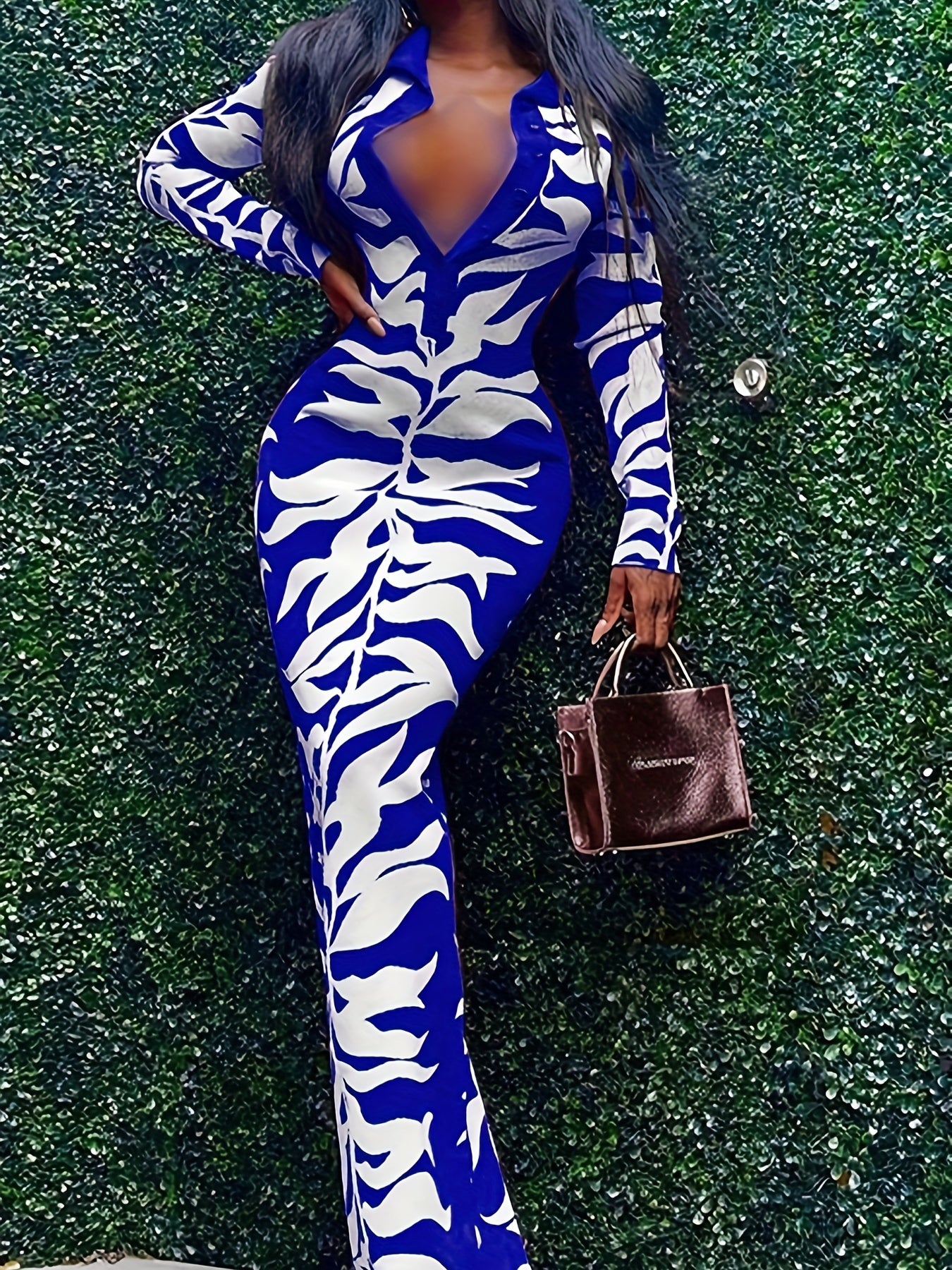 Charming Plant Print Dress - Fashionable Half Button Lapel, Flattering Slim Fit, Maxi Length - Trendy Womens Long Sleeve Clothing for a Sleek Look