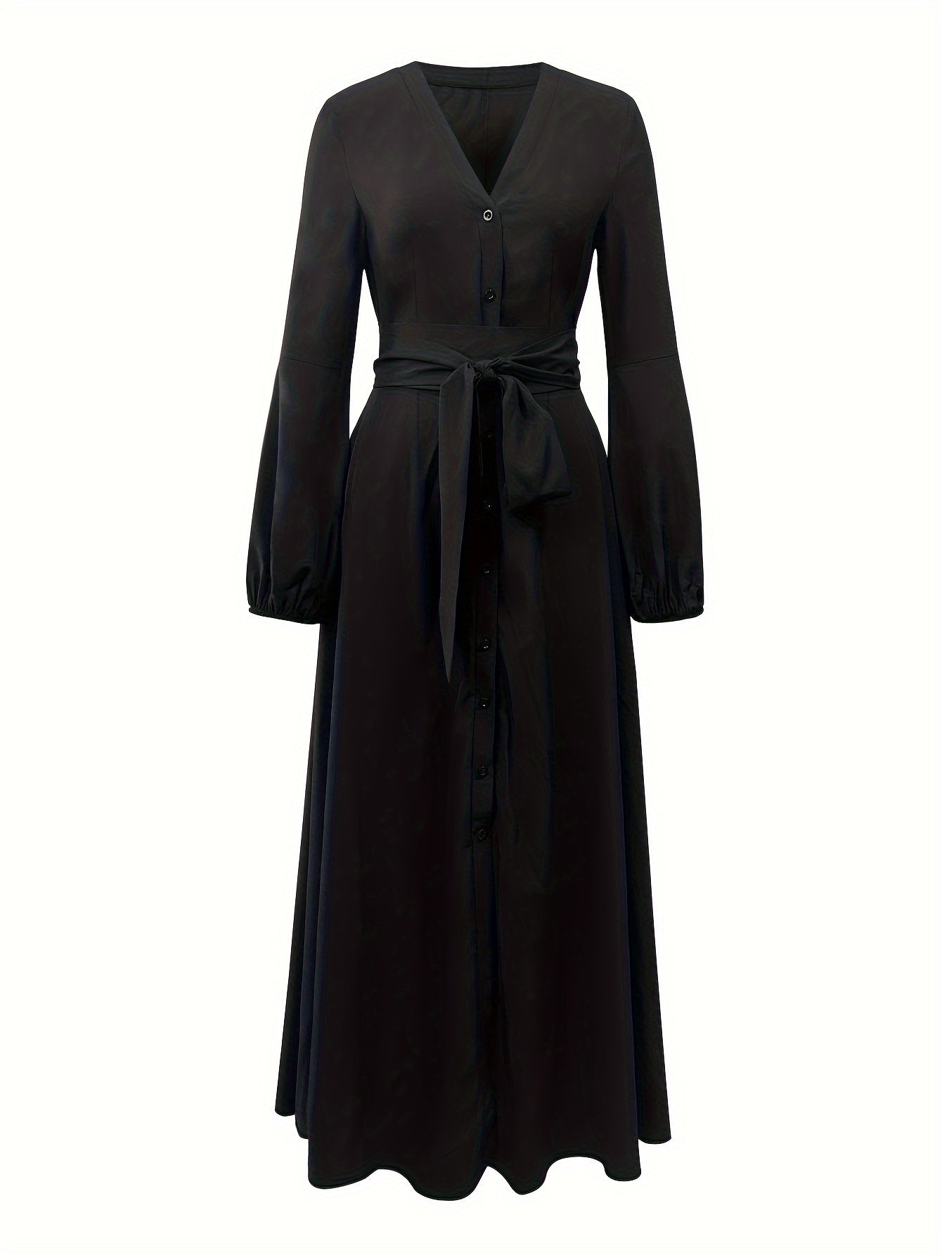 Button Front Tied Waist Dress, Elegant Lantern Sleeve A-line Maxi Length Dress For Spring & Fall, Women's Clothing