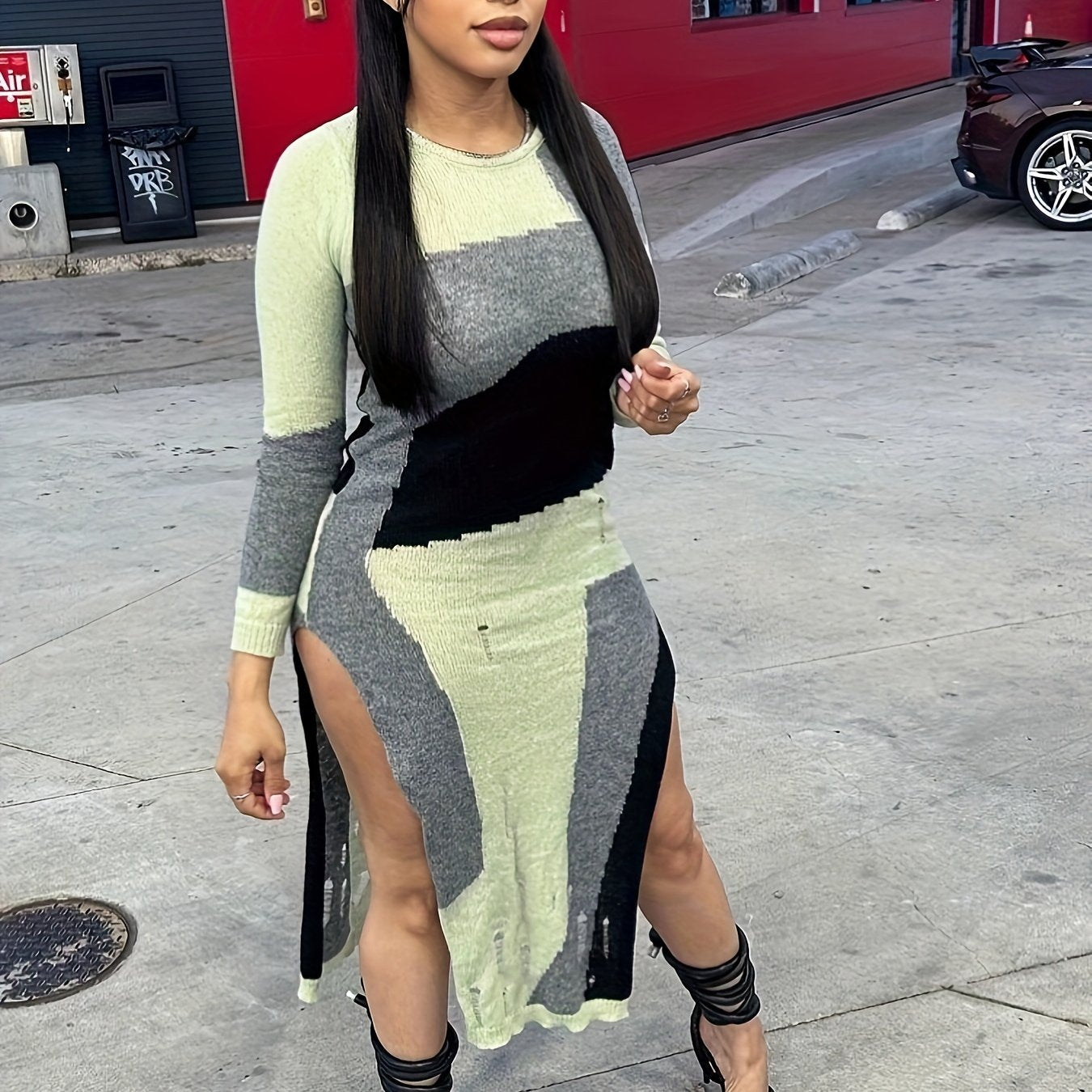 Colorblock Split Side Bodycon Dress, Sexy Long Sleeve Crew Neck Dress
