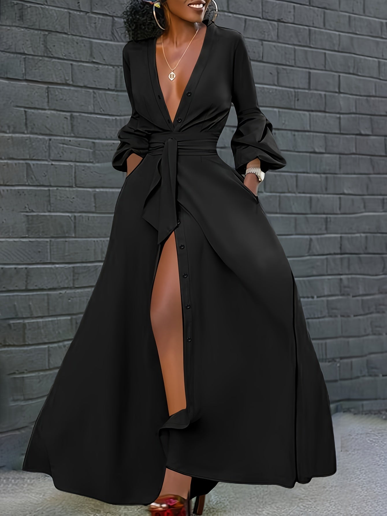 Button Front Tied Waist Dress, Elegant Lantern Sleeve A-line Maxi Length Dress For Spring & Fall, Women's Clothing